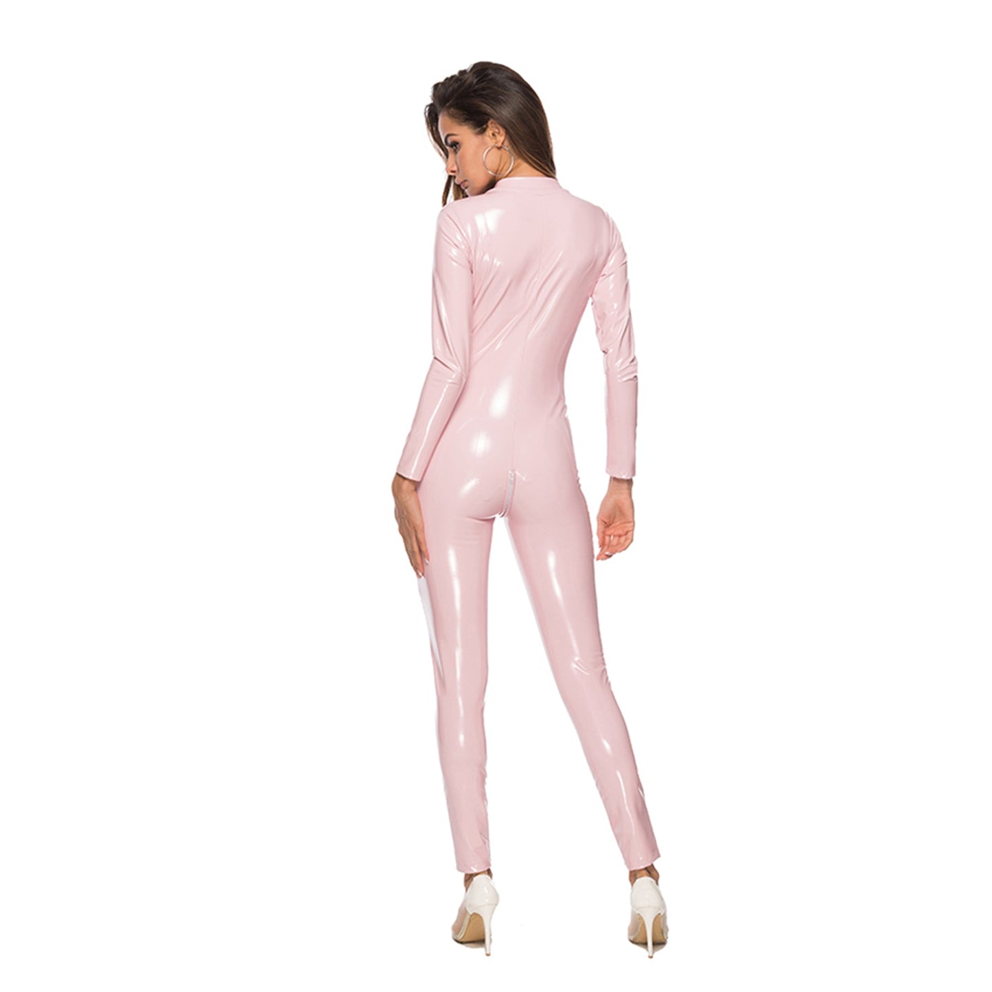 Vegan Leather Long Sleeve Mock Neck Front Zipper Glossy Jumpsuit