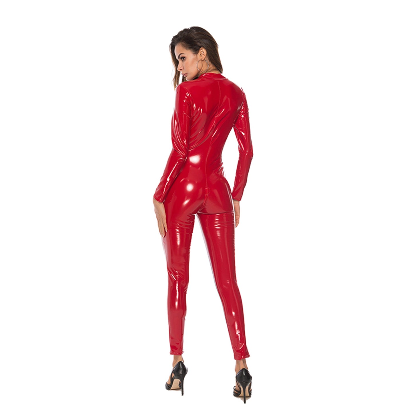 Vegan Leather Long Sleeve Mock Neck Front Zipper Glossy Jumpsuit