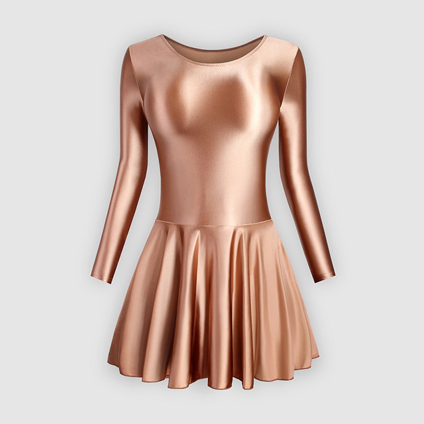 Long Sleeve Round Neck Glossy Leotard Dress