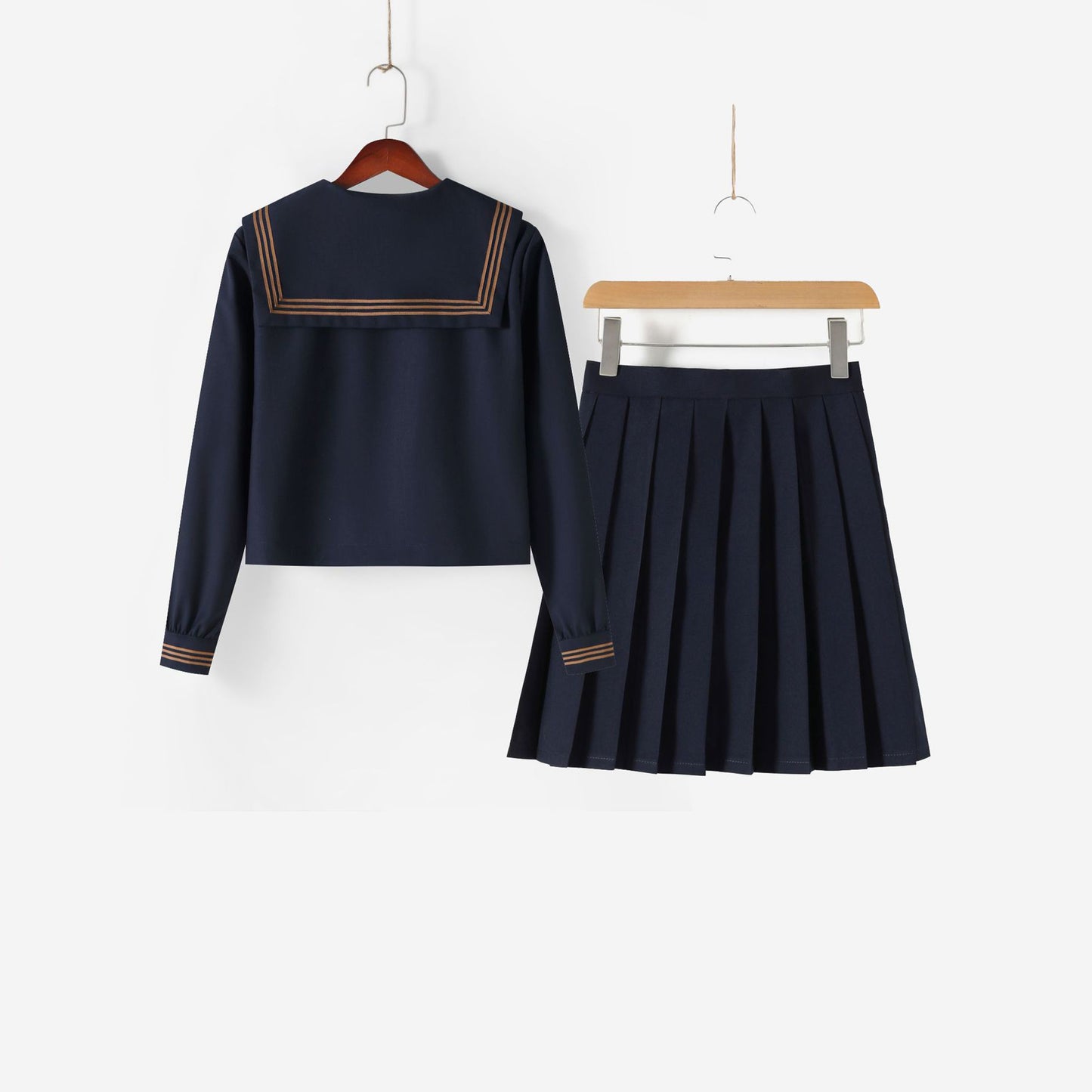 Navy Broad Collar Three Brown Line Square Flap Cravat Bow Sailor School Uniform