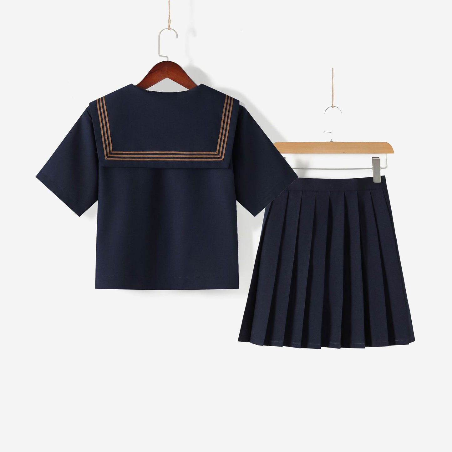 Navy Broad Collar Three Brown Line Square Flap Cravat Bow Sailor School Uniform