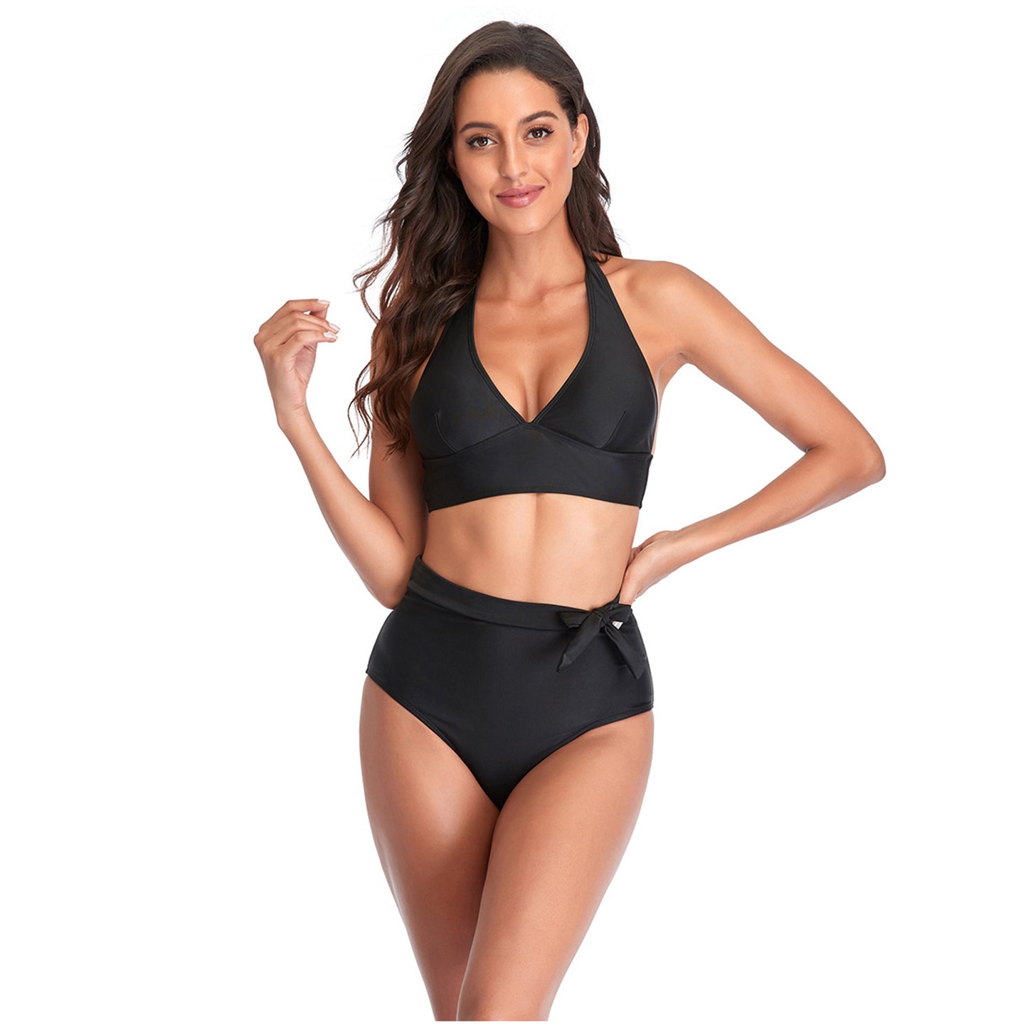 Solid Color V Neck Bowknot Hight Rise Split Bikini Swimsuit Set