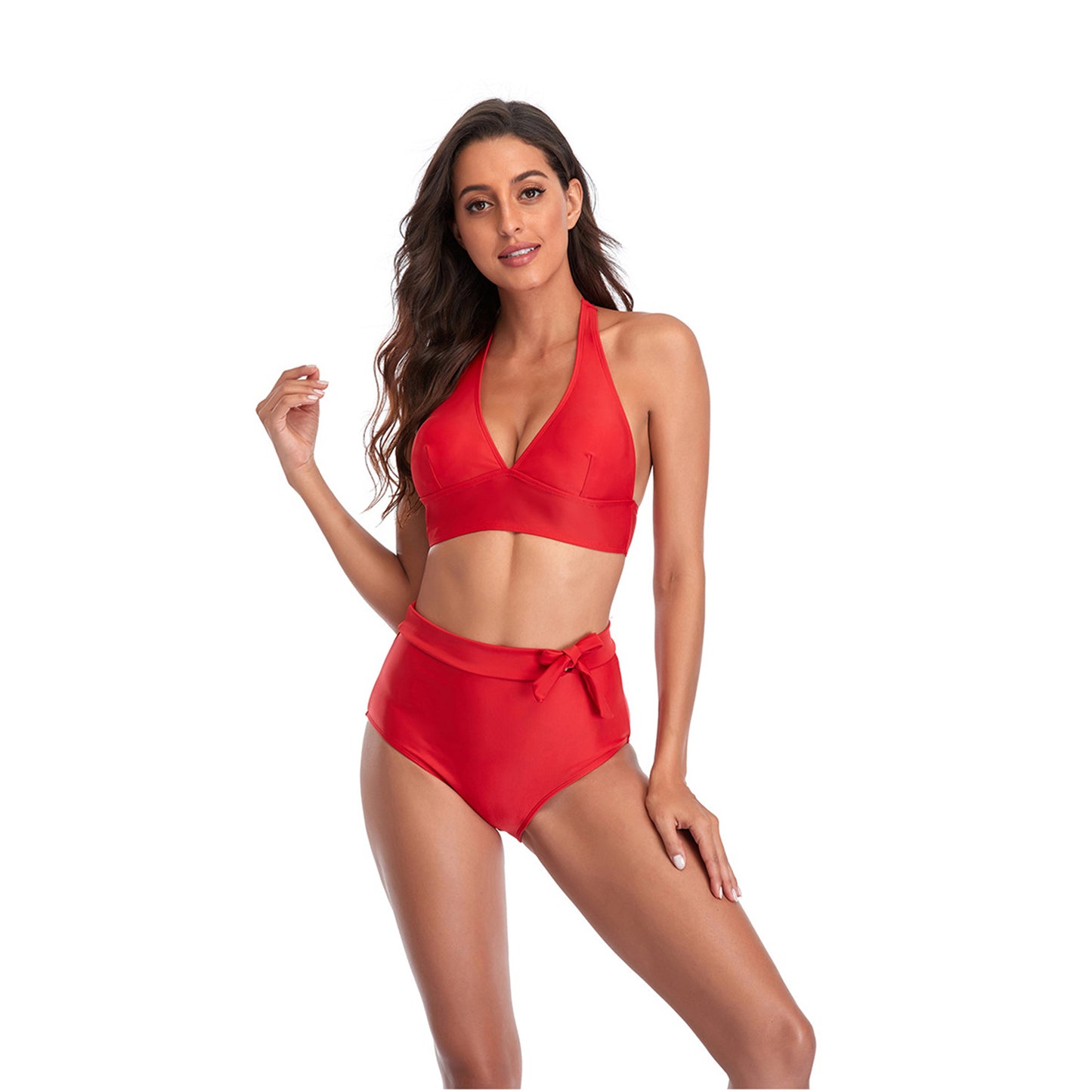 Solid Color V Neck Bowknot Hight Rise Split Bikini Swimsuit Set