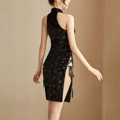 Sleeveless Band Collar Floral Embroidered Side Slit Lace Up Qipao Cheongsam Dress