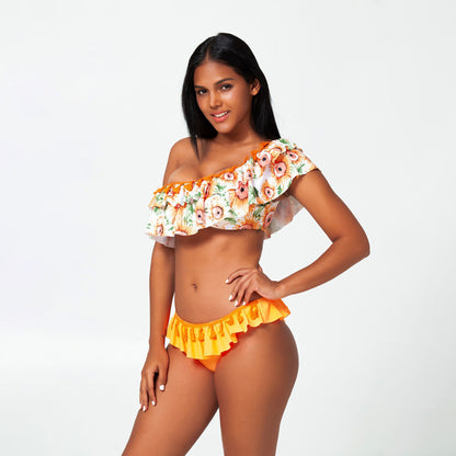 Sunflower Print Ruffle Bikini Swimsuit Set