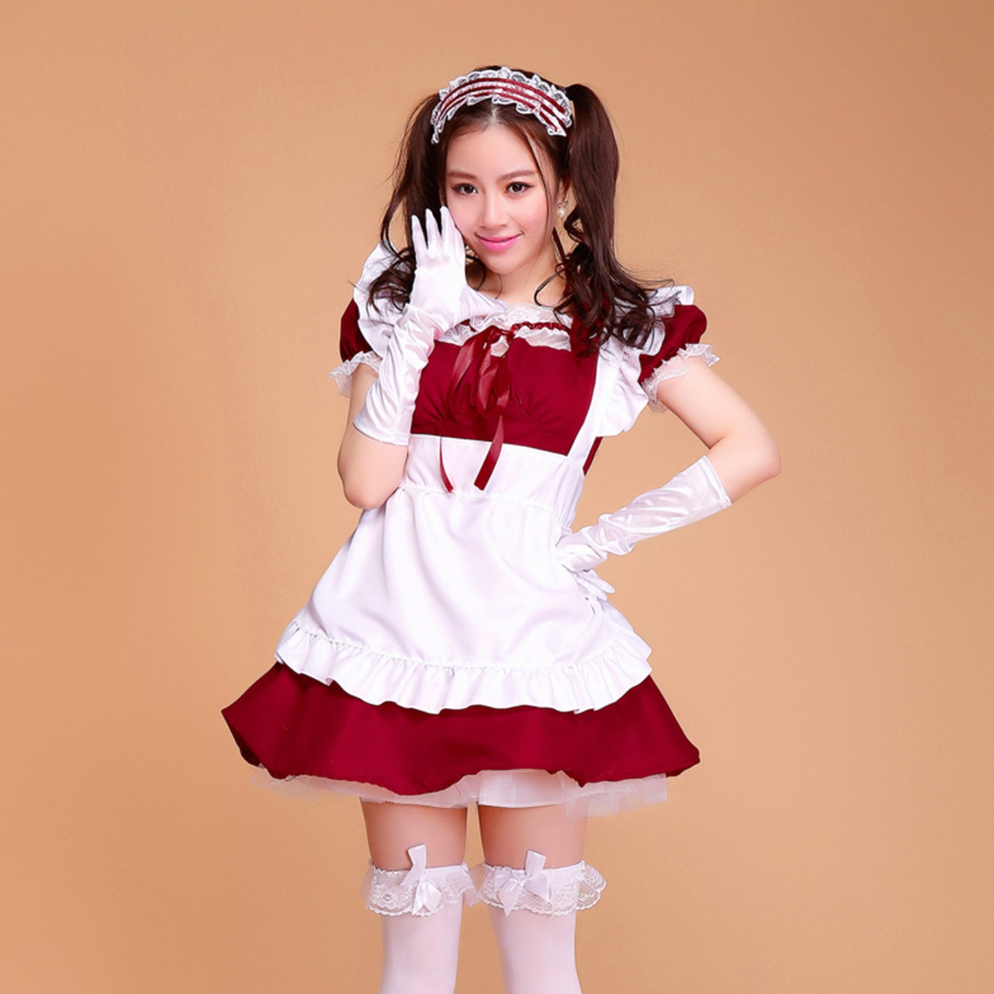 Puff Sleeve Collarless Ribbon Apron Maid Dress