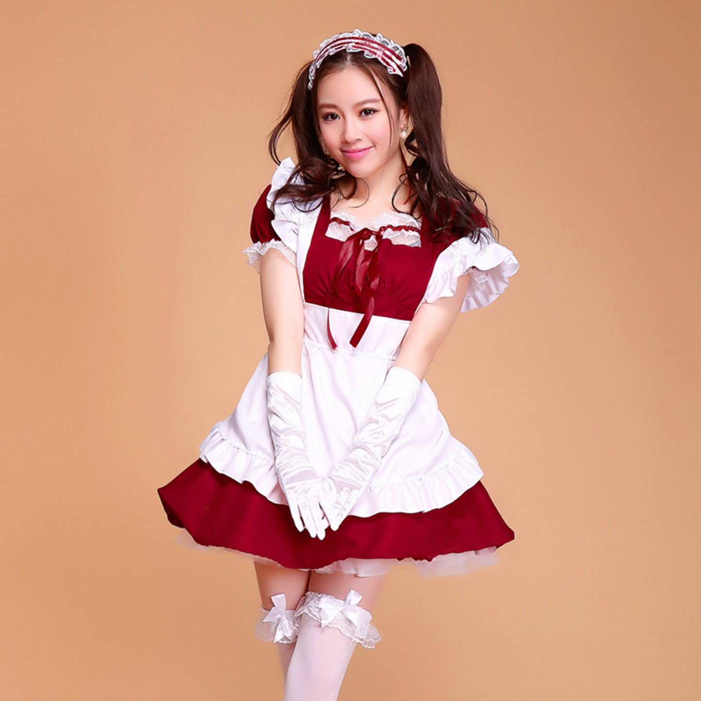Puff Sleeve Collarless Ribbon Apron Maid Dress
