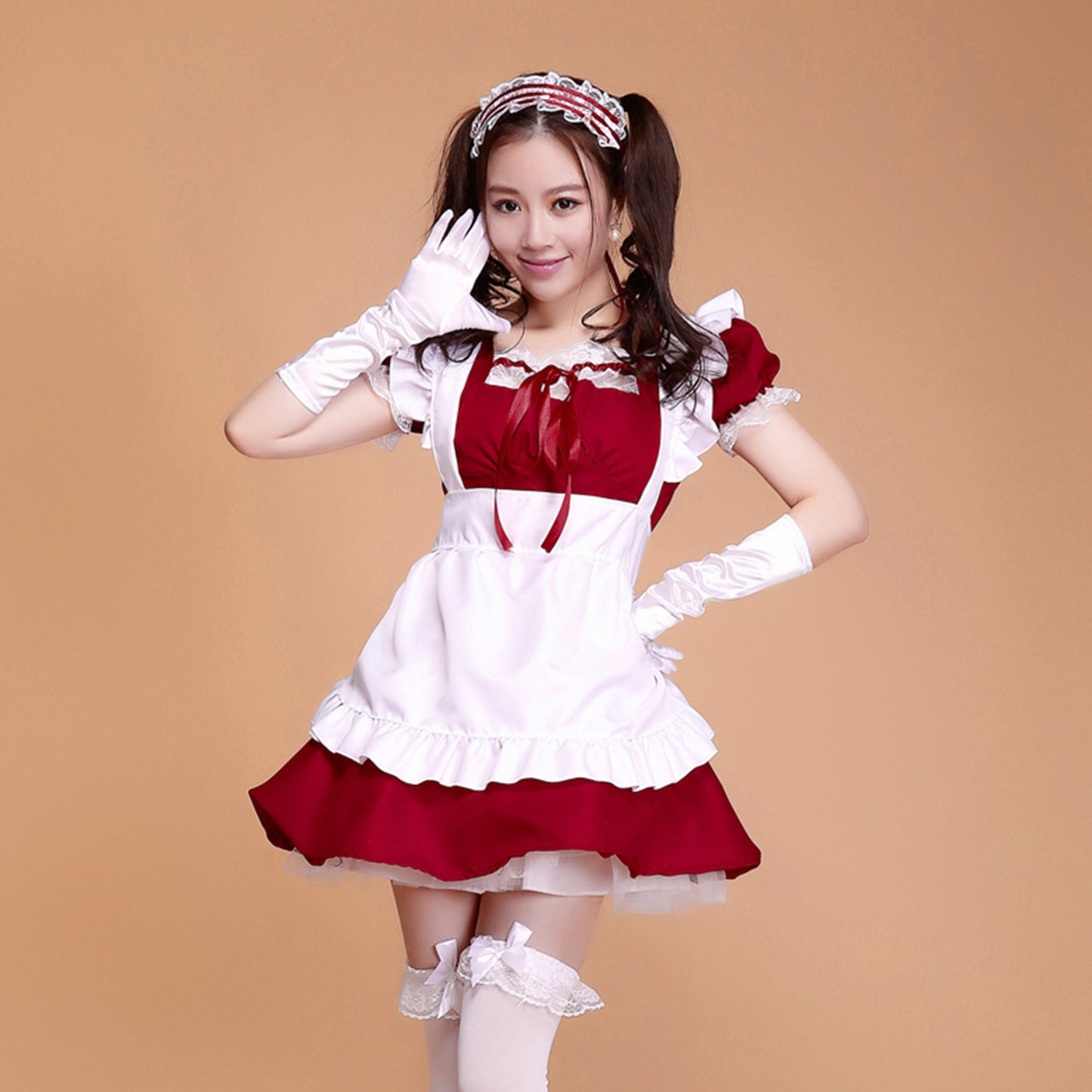 Puff Sleeve Collarless Ribbon Apron Maid Dress