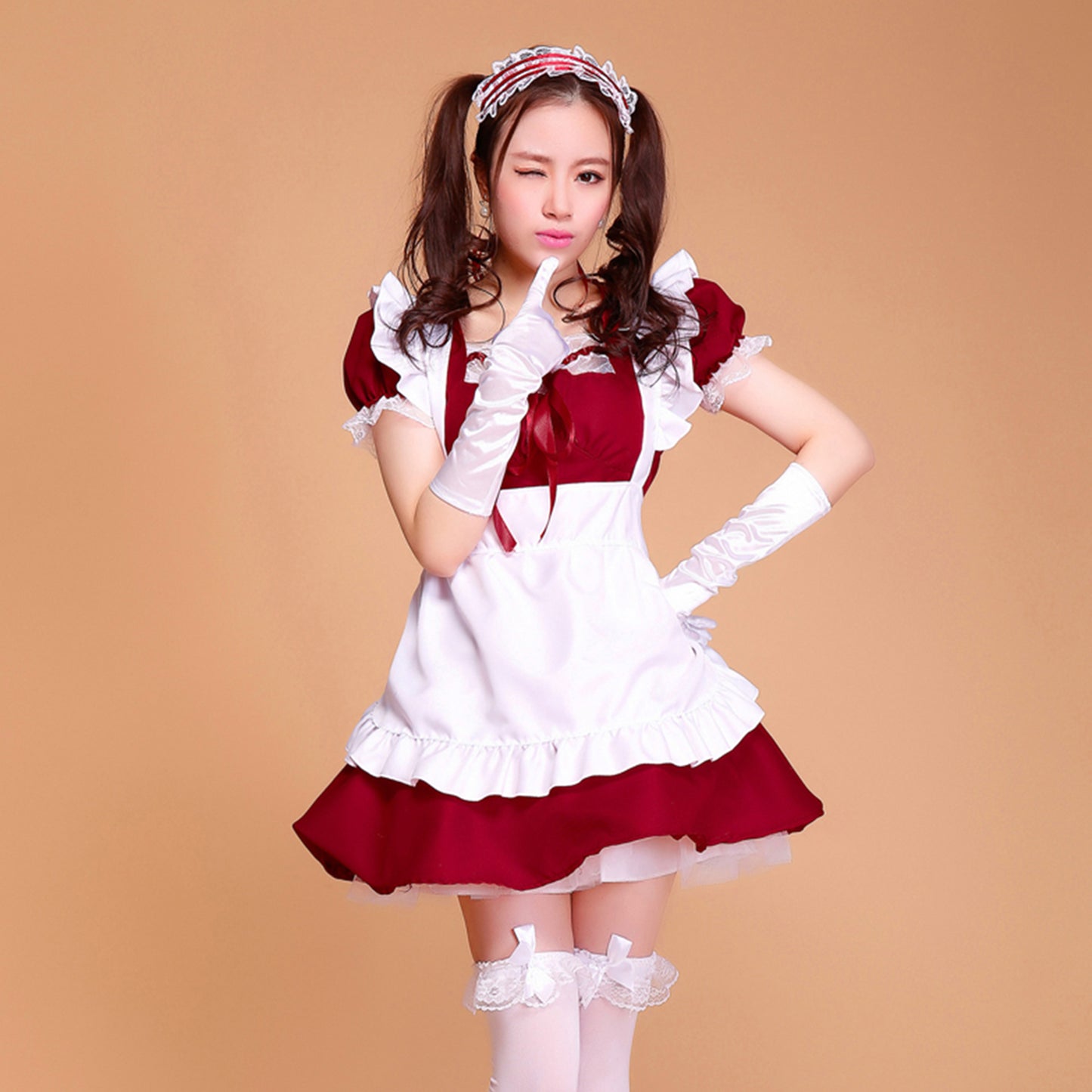 Puff Sleeve Collarless Ribbon Apron Maid Dress