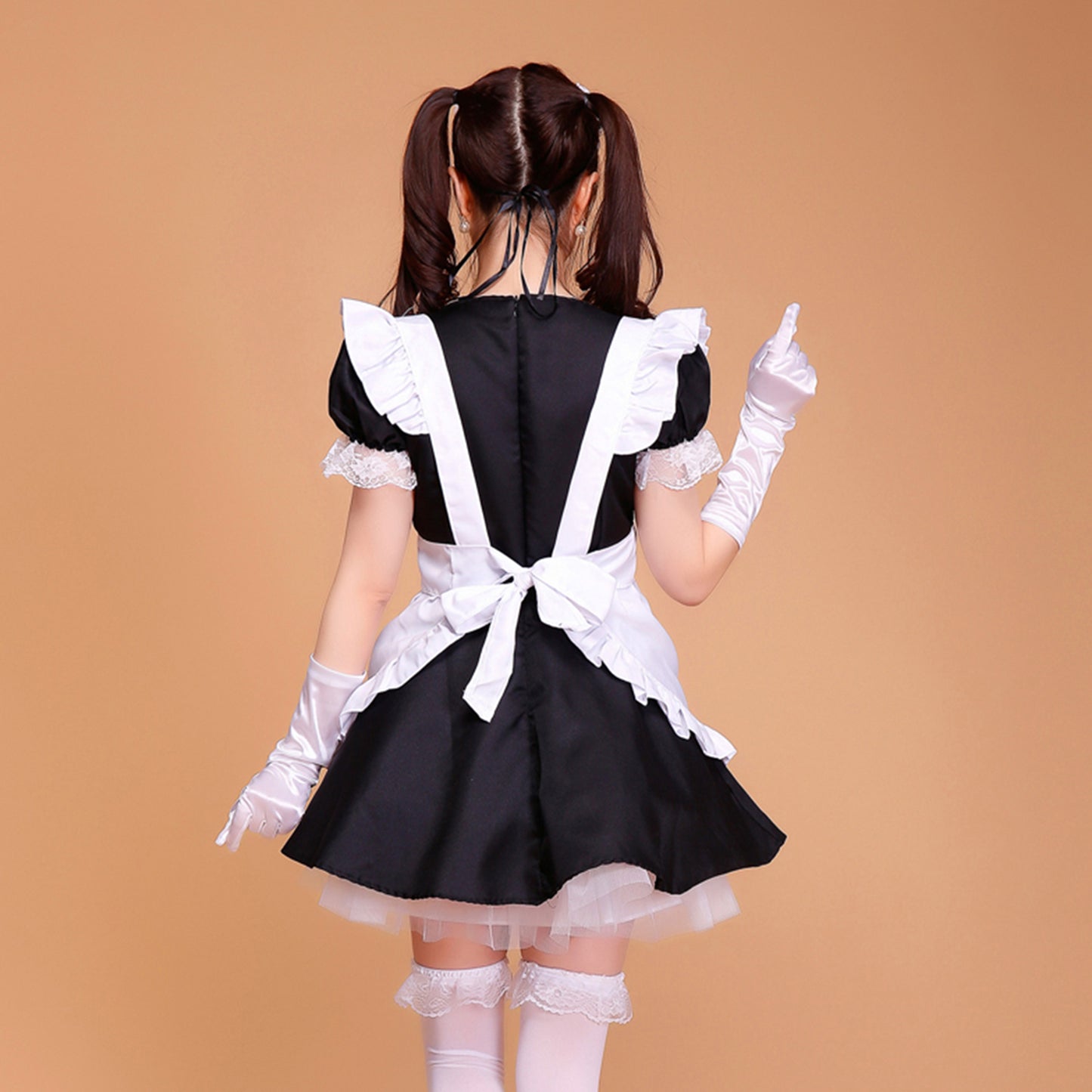 Puff Sleeve Collarless Ribbon Apron Maid Dress
