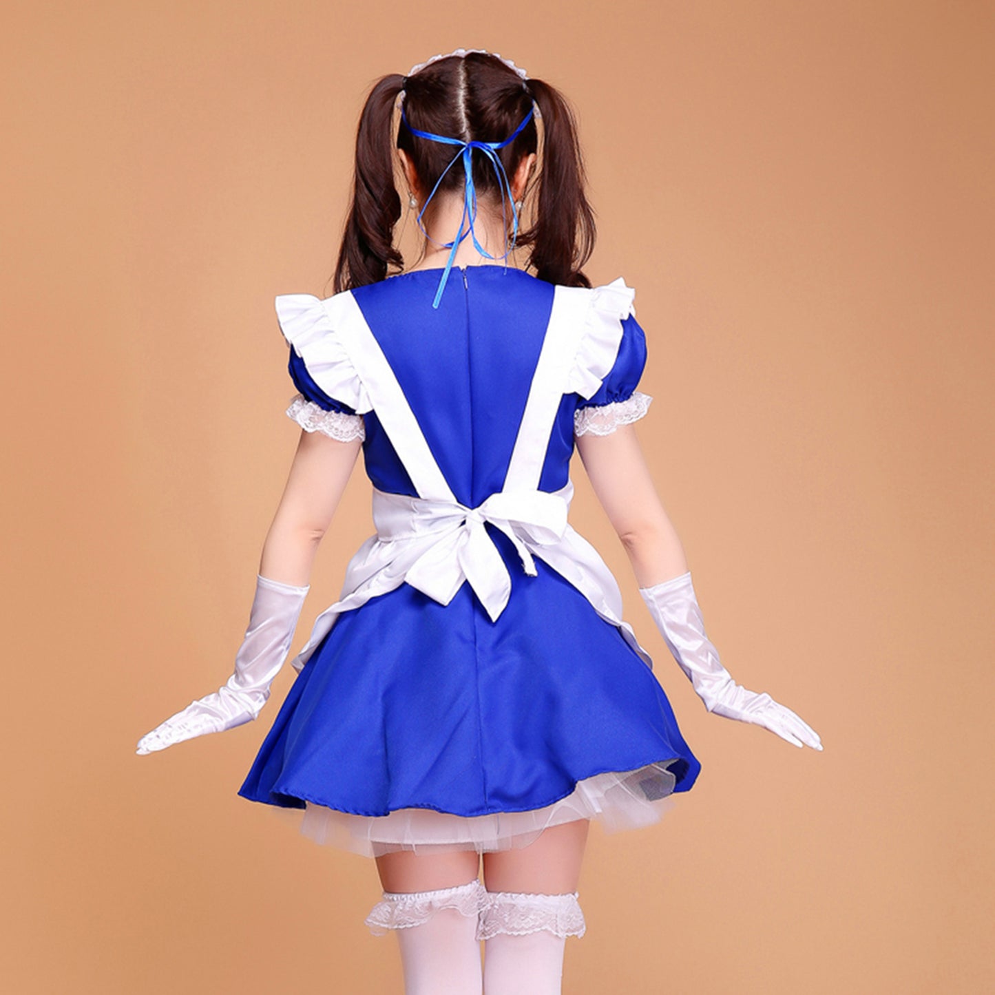 Puff Sleeve Collarless Ribbon Apron Maid Dress