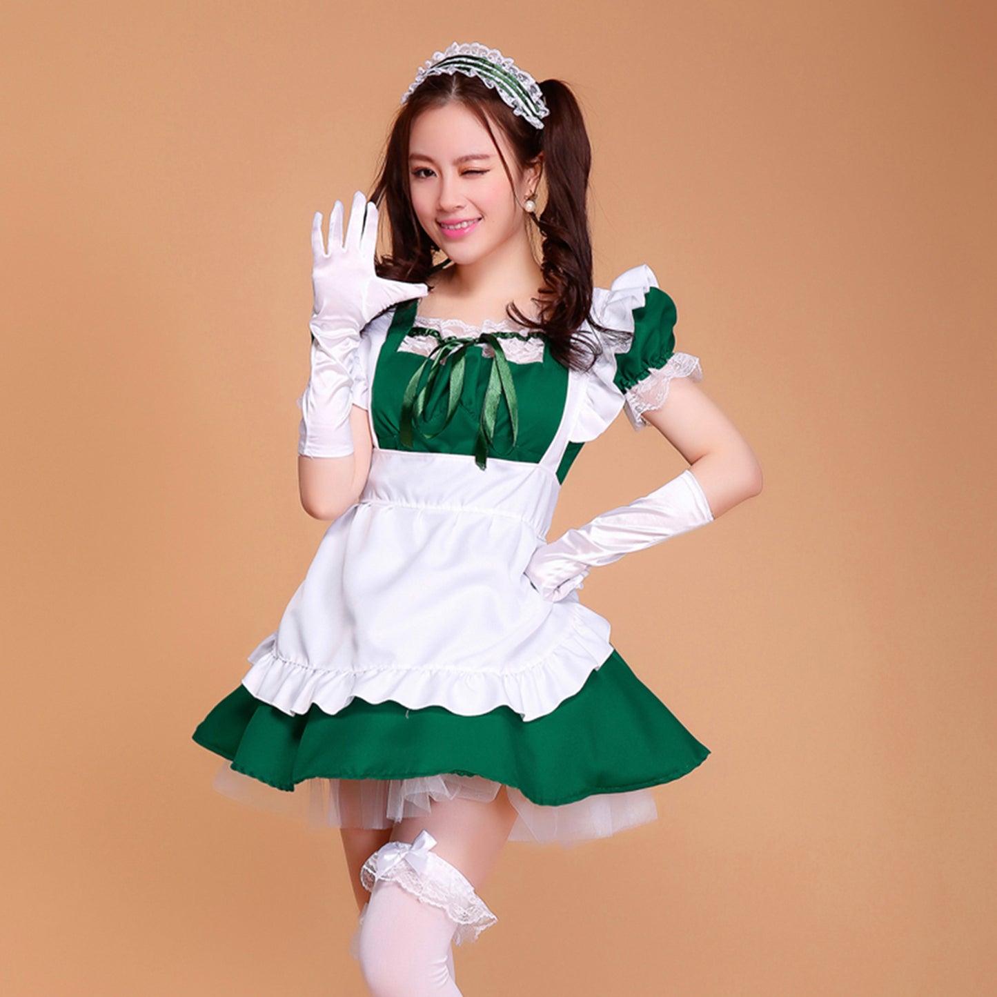 Puff Sleeve Collarless Ribbon Apron Maid Dress