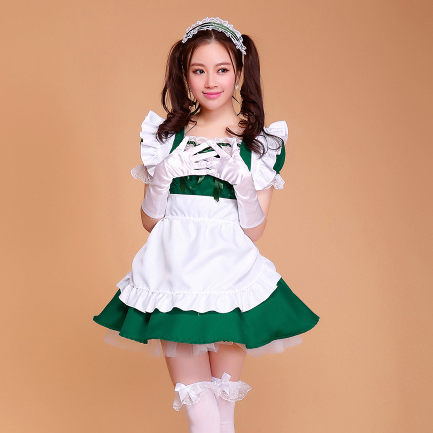 Puff Sleeve Collarless Ribbon Apron Maid Dress