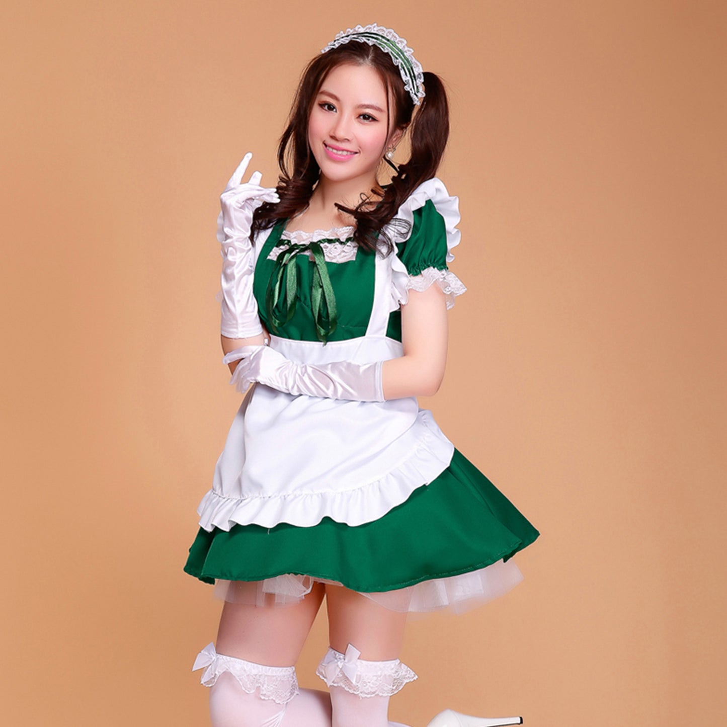 Puff Sleeve Collarless Ribbon Apron Maid Dress