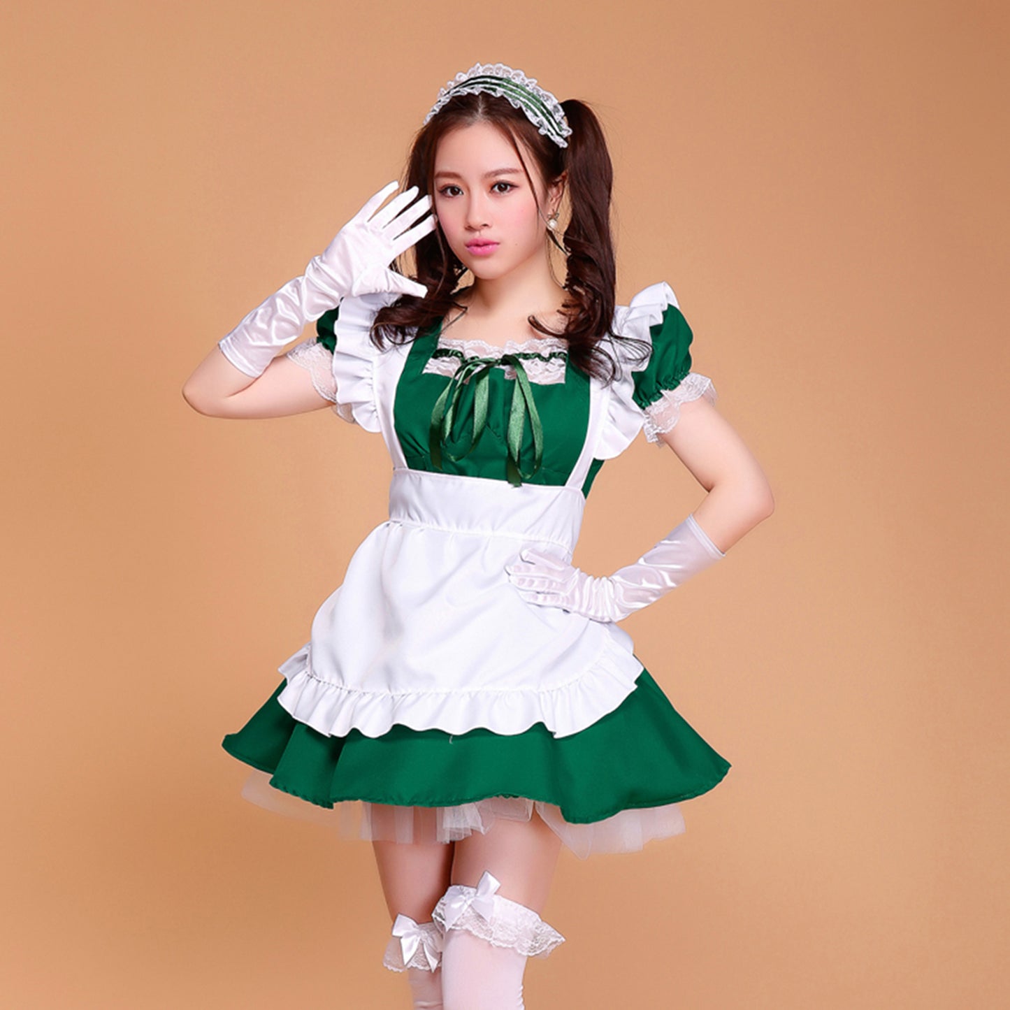Puff Sleeve Collarless Ribbon Apron Maid Dress