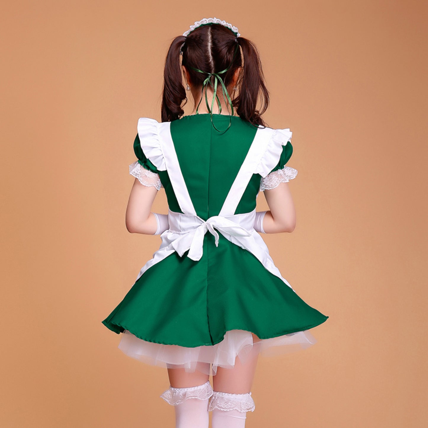 Puff Sleeve Collarless Ribbon Apron Maid Dress