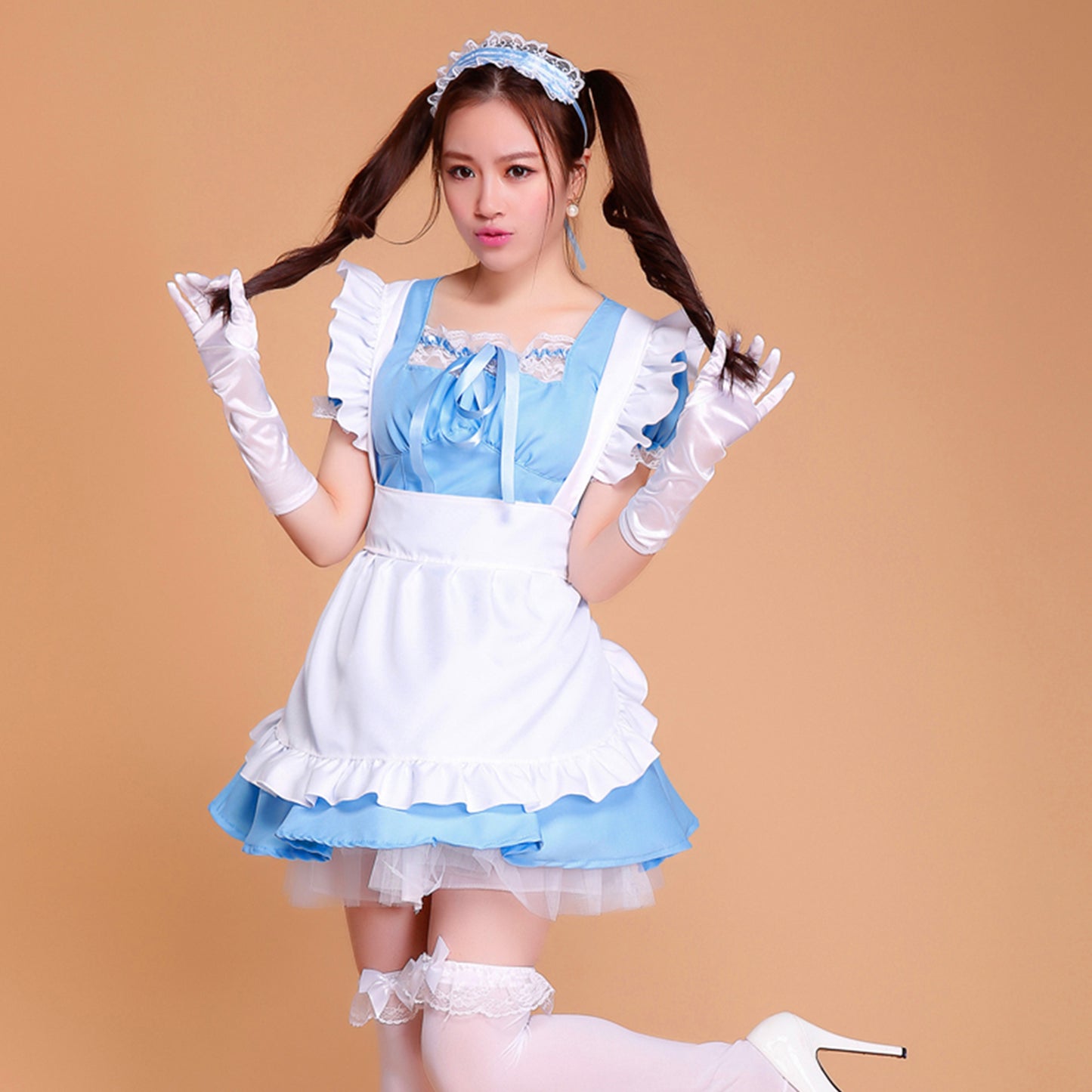 Puff Sleeve Collarless Ribbon Apron Maid Dress