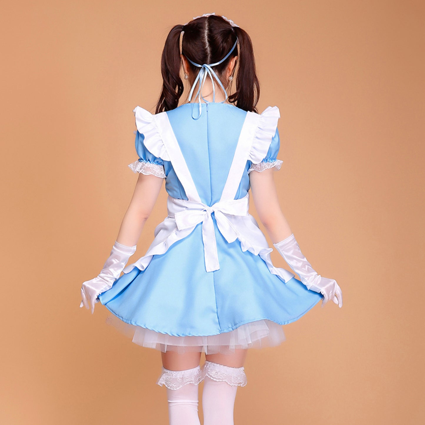 Puff Sleeve Collarless Ribbon Apron Maid Dress