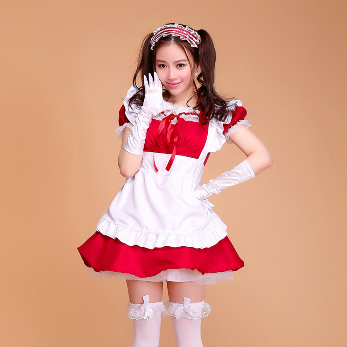 Puff Sleeve Collarless Ribbon Apron Maid Dress