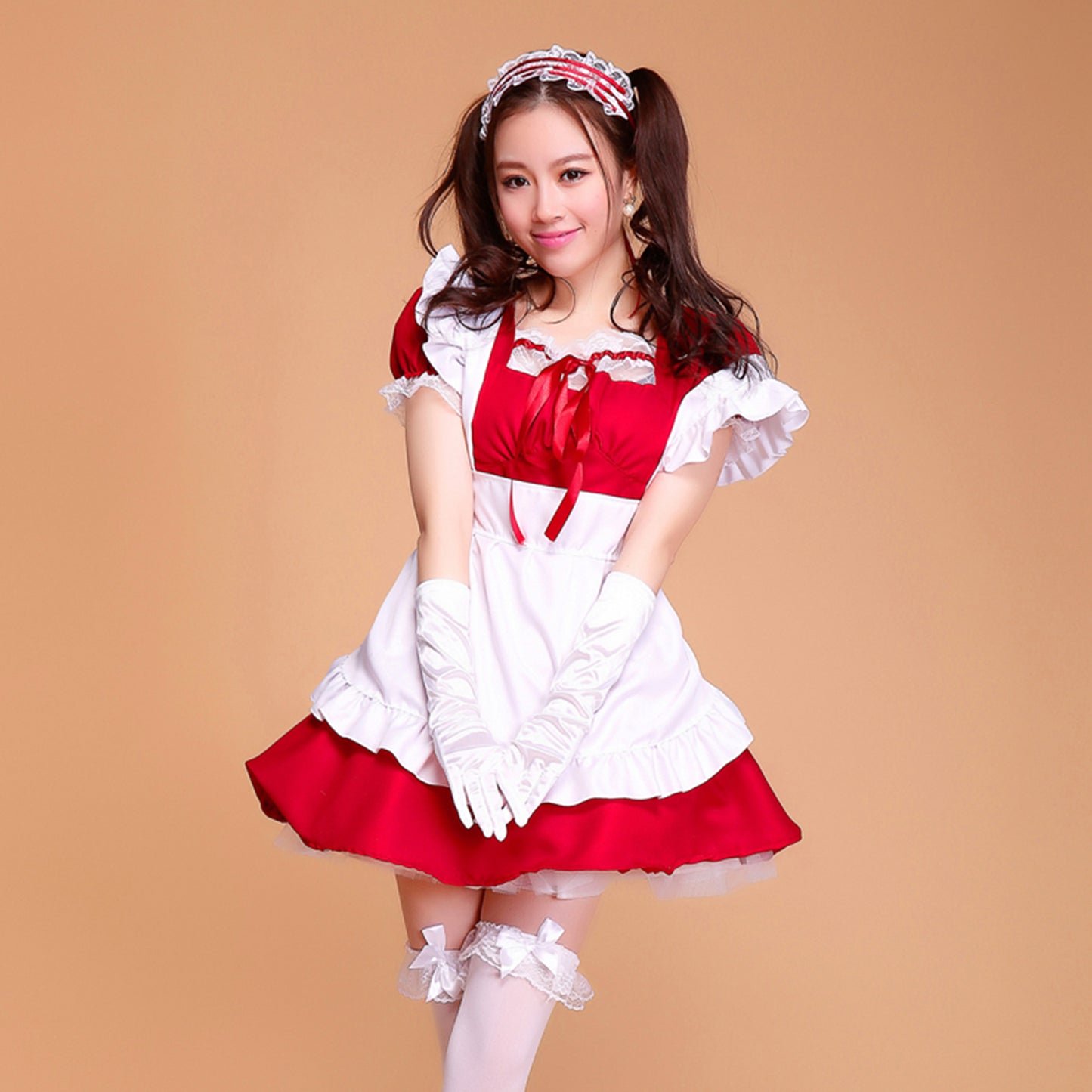 Puff Sleeve Collarless Ribbon Apron Maid Dress