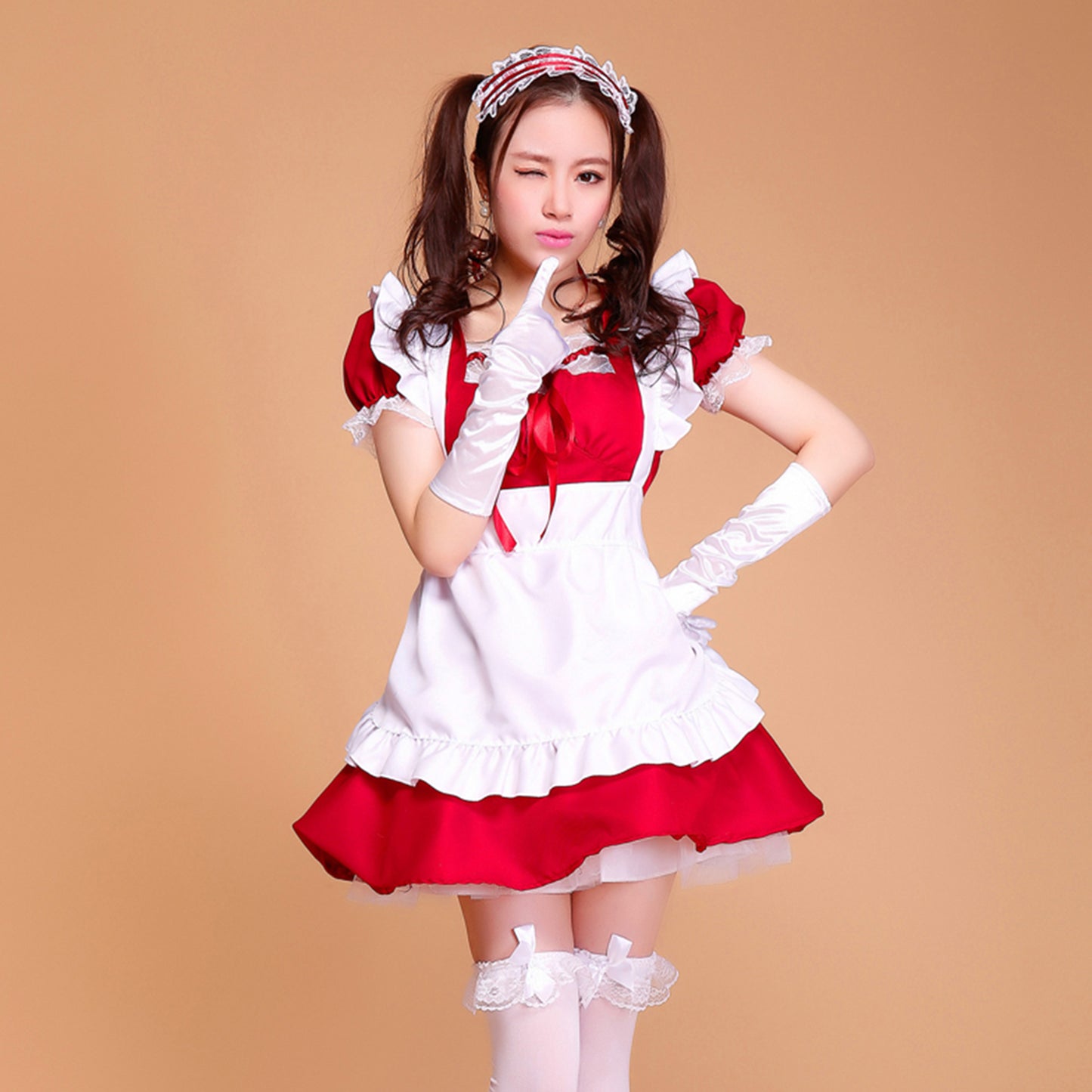Puff Sleeve Collarless Ribbon Apron Maid Dress