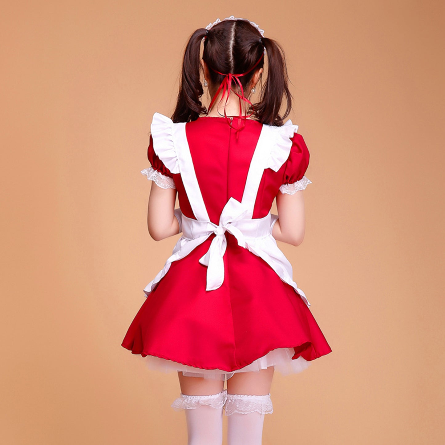 Puff Sleeve Collarless Ribbon Apron Maid Dress
