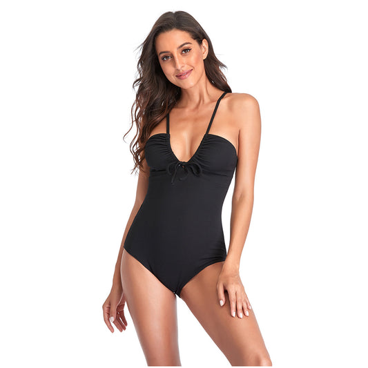 Solid Color Bow Narrow Shoulder Band One Piece Swimsuit