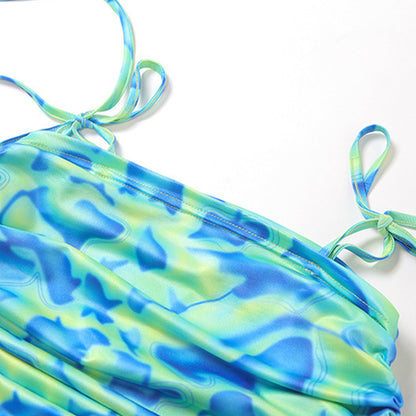 Oil Paint Pattern Bikini Skirt Swimsuit Set