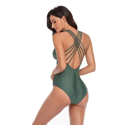 Solid Color V Neck Back Cross Pleated One Piece Swimsuit