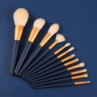 12 Piece Blue Enamel Wooden Handle Golden Aluminum Tube Makeup Brush Set