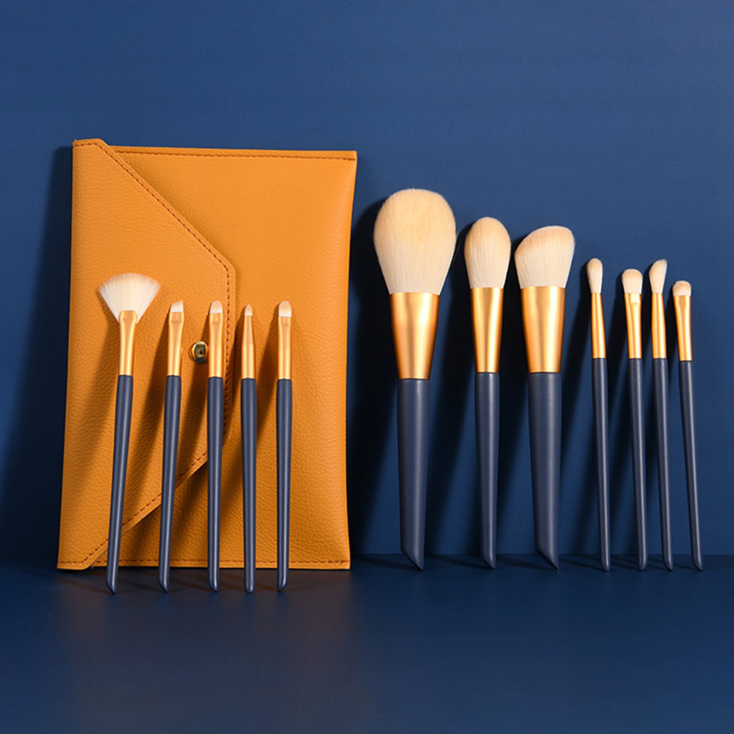 12 Piece Blue Enamel Wooden Handle Golden Aluminum Tube Makeup Brush Set