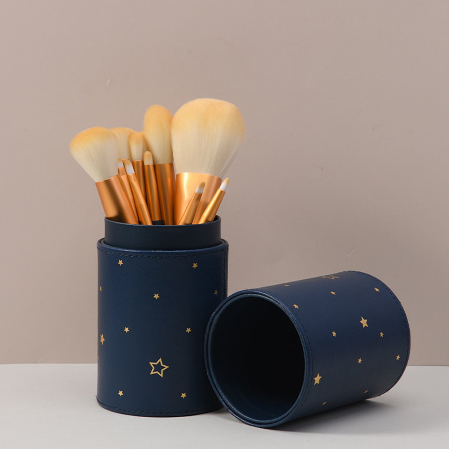 12 Piece Blue Enamel Wooden Handle Golden Aluminum Tube Makeup Brush Set