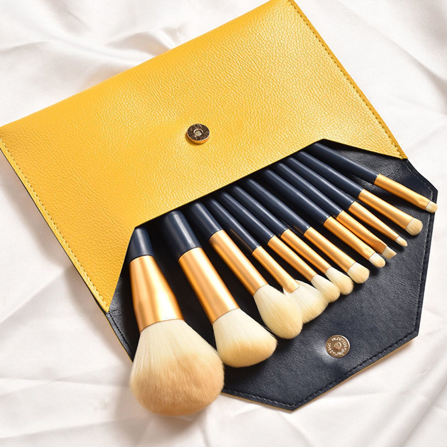 12 Piece Blue Enamel Wooden Handle Golden Aluminum Tube Makeup Brush Set