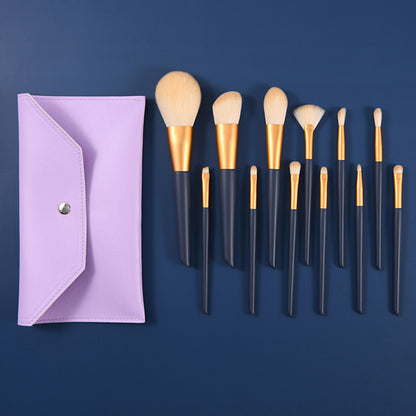 12 Piece Blue Enamel Wooden Handle Golden Aluminum Tube Makeup Brush Set