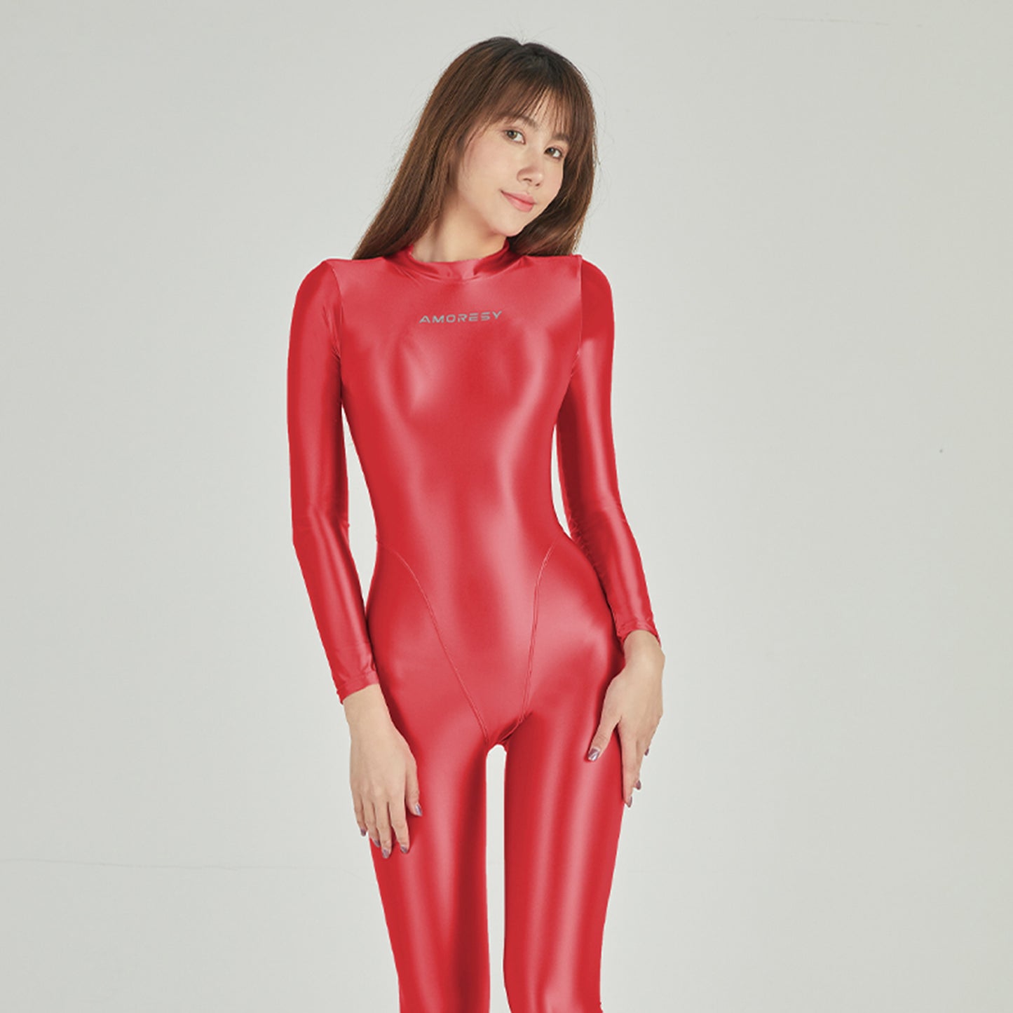 Athena Series Glossy Long Sleeve High Neck Closed Foot Unitard