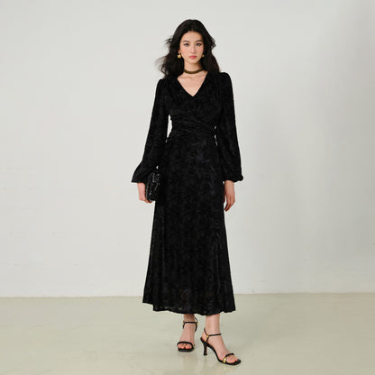 Jacquard V Neck Long Flare Sleeve Floral A-Line Maxi Dress