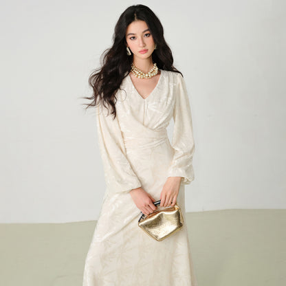 Jacquard V Neck Long Flare Sleeve Floral A-Line Maxi Dress