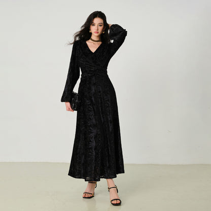 Jacquard V Neck Long Flare Sleeve Floral A-Line Maxi Dress