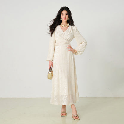 Jacquard V Neck Long Flare Sleeve Floral A-Line Maxi Dress