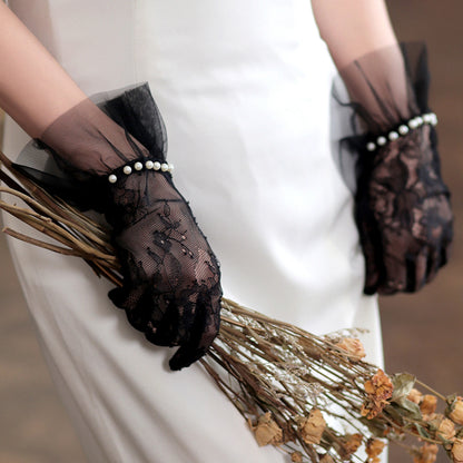 Lace Floral Ruffle Cuff Pearl Wrist Gloves