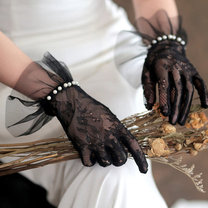 Lace Floral Ruffle Cuff Pearl Wrist Gloves