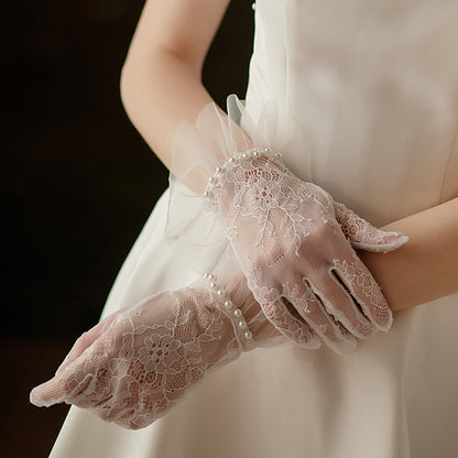 Lace Floral Ruffle Cuff Pearl Wrist Gloves