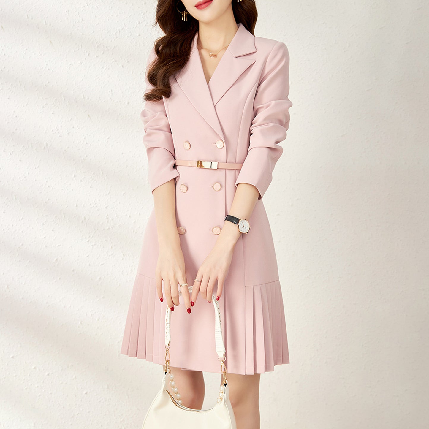 Long Sleeve V Neck Double Breasted Slim Belt Pleated Above Knee Dress