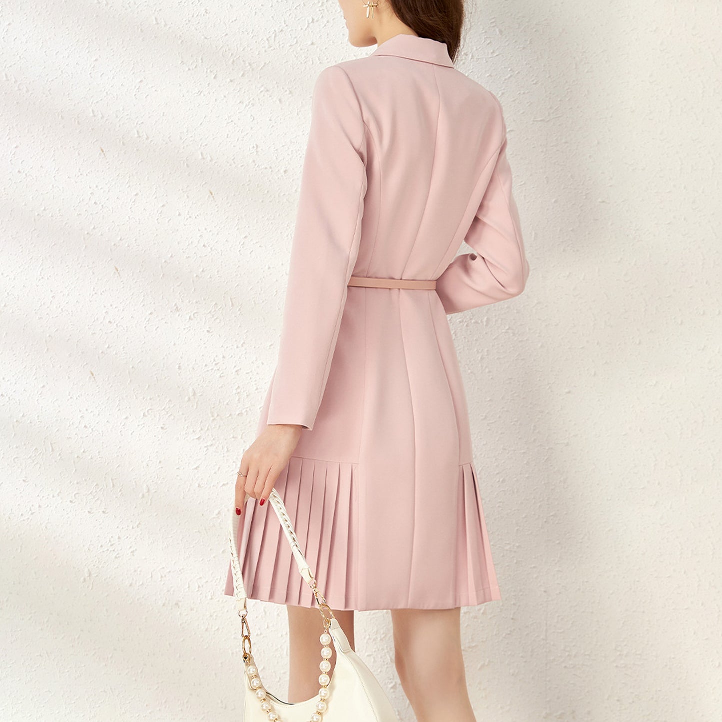 Long Sleeve V Neck Double Breasted Slim Belt Pleated Above Knee Dress