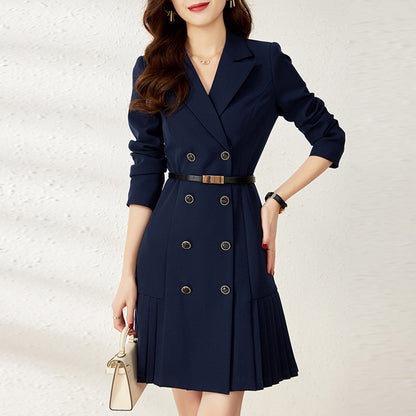 Long Sleeve V Neck Double Breasted Slim Belt Pleated Above Knee Dress