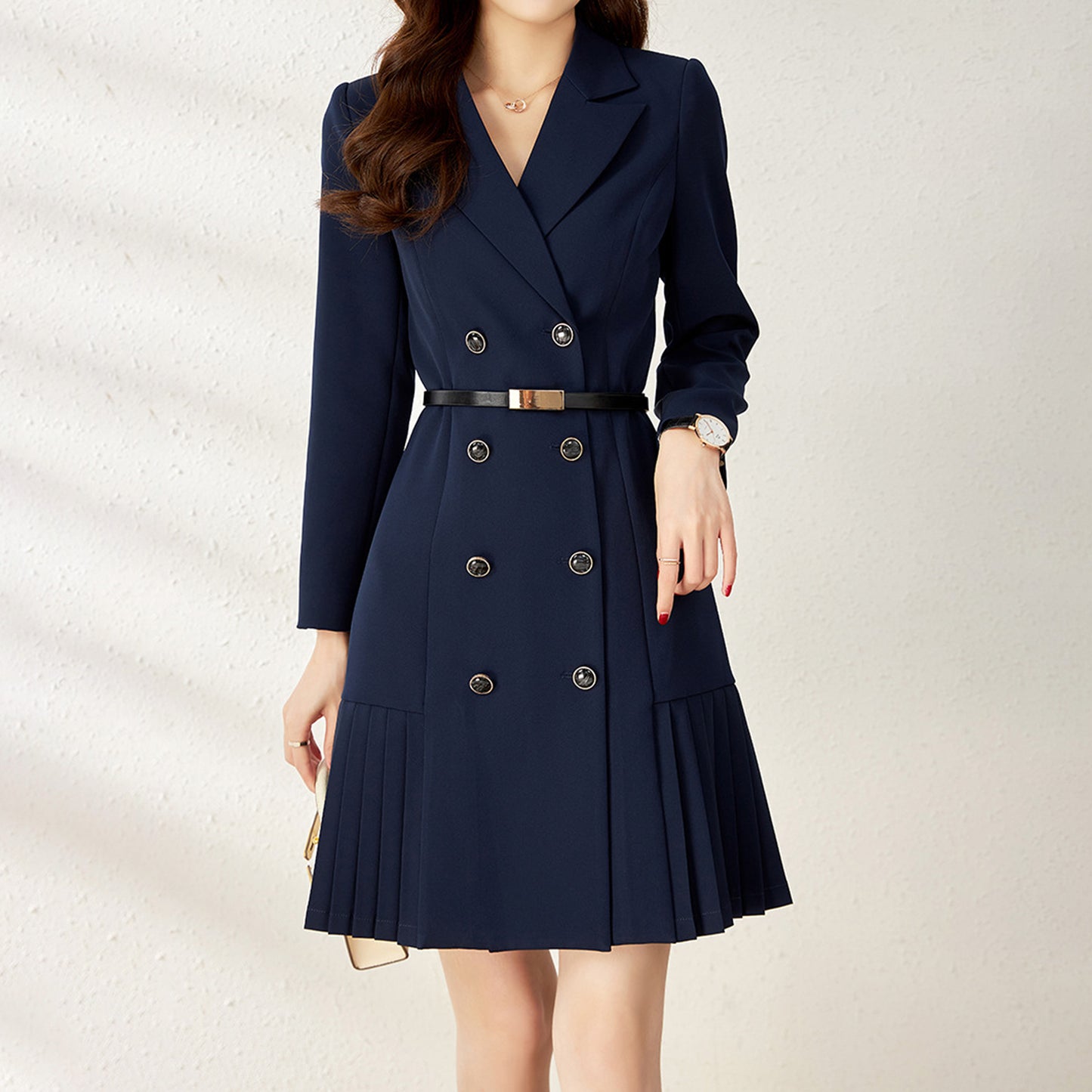 Long Sleeve V Neck Double Breasted Slim Belt Pleated Above Knee Dress