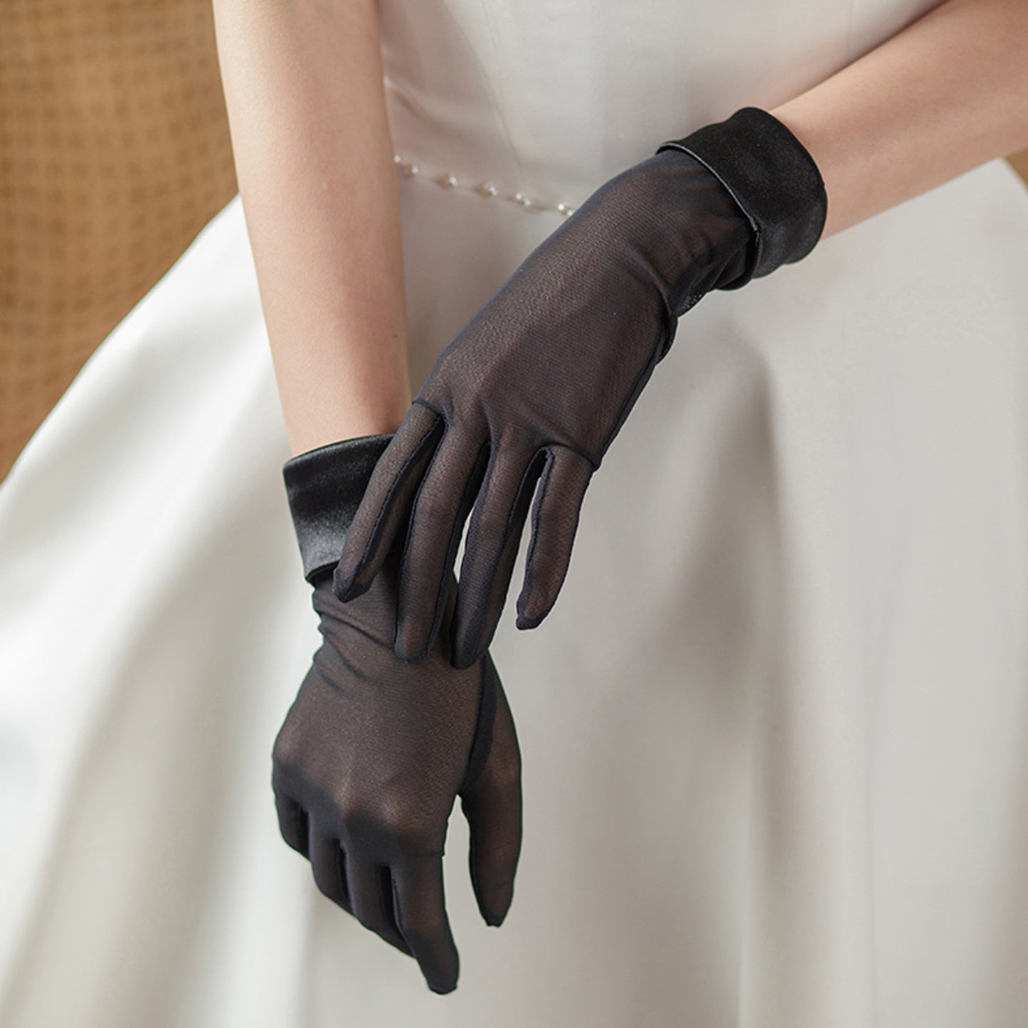 Mesh Satin Cuff Wrist Gloves