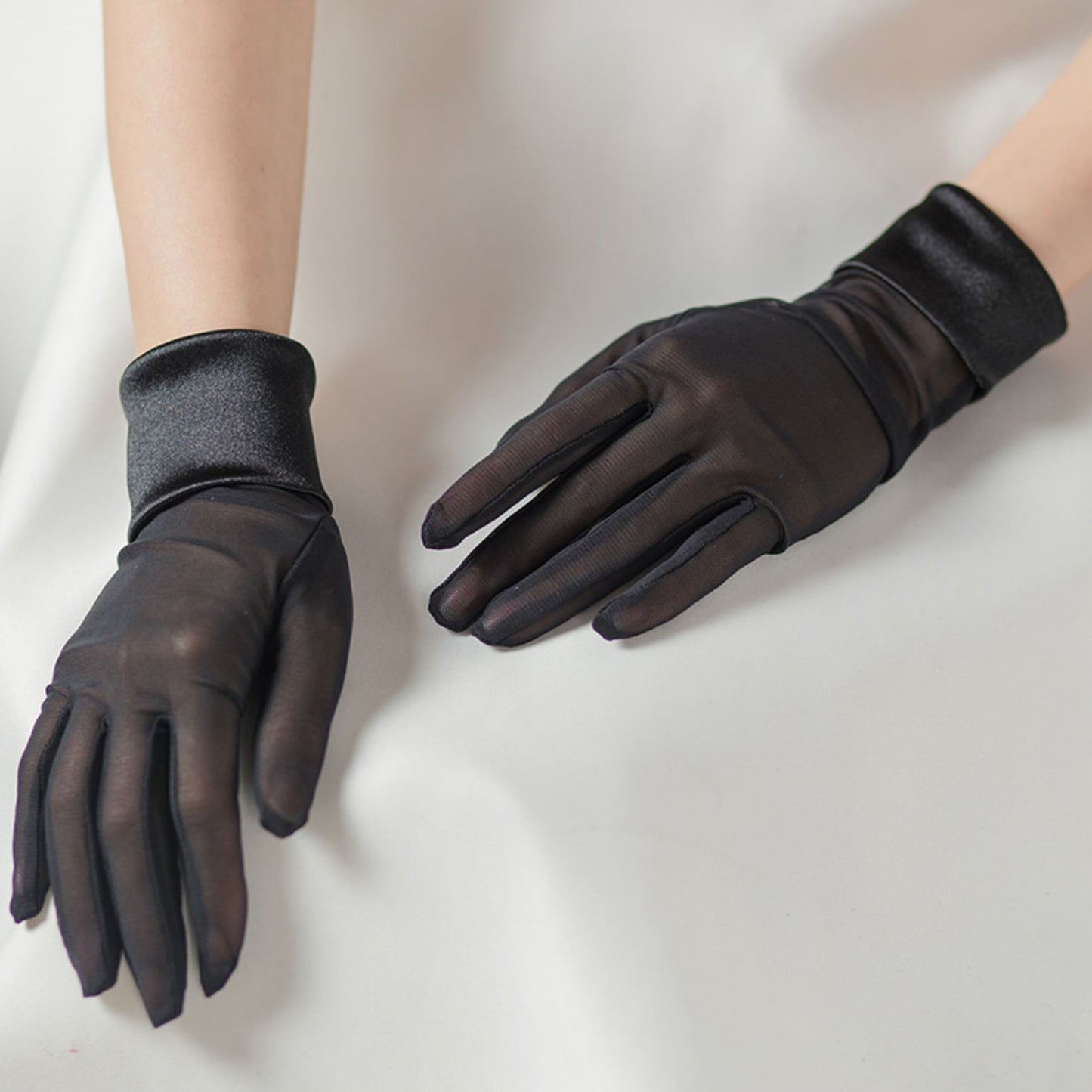 Mesh Satin Cuff Wrist Gloves