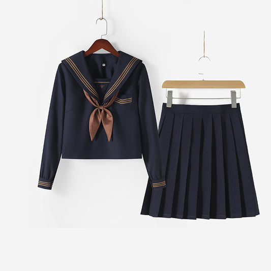 Navy Broad Collar Three Brown Line Square Flap Cravat Bow Sailor School Uniform