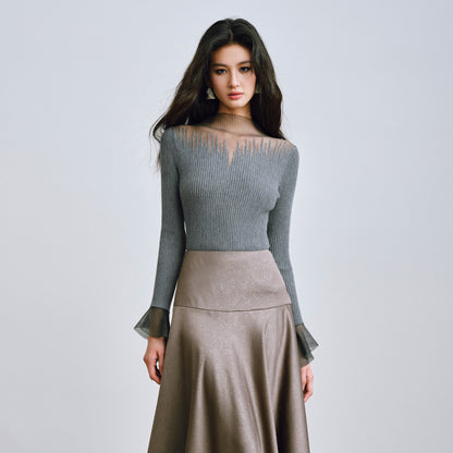 Sheer Organza Wool Splice Ruffle Long Sleeve Knitted Sweater